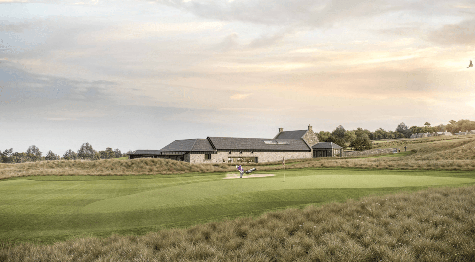 Golfer on a green putting toward a stone clubhouse.