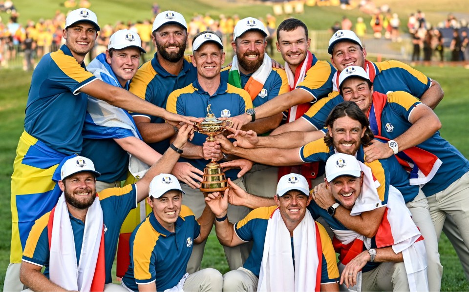 1 October 2023; Team Europe captain Luke Donald, centre, with the Ryder cup alongside his team, back row, from left, Ludvig Åberg, Robert MacIntyre, Jon Rahm, Shane Lowry, Nicolai Højgaard, Sepp Straka, Viktor Hovland, front row, from left, Tyrrell Hatton, Matt Fitzpatrick, Rory McIlroy, Justin Rose and Tommy Fleetwood during the singles matches on the final day of the 2023 Ryder Cup at Marco Simone Golf and Country Club in Rome, Italy. Photo by Ramsey Cardy/Sportsfile