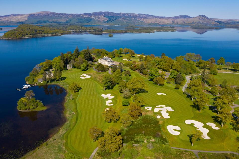 Aerial view of Loch Lomond Golf Club on the shores of Loch Lomond, Scotland.