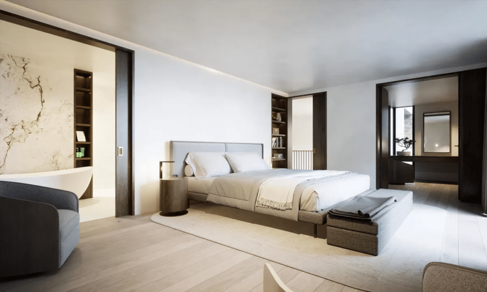 Illustration of a modern bedroom with a large bed, ensuite bathroom, and walk-in closet.