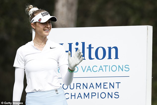 Nelly Korda waves to fans during the final round of the competition, before finishing second