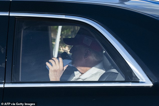 Trump, pictured heading to his Florida golf club to play with Woods on Sunday morning, will now jet to New Orleans to attend Sunday night's Super Bowl between the Chiefs and Eagles