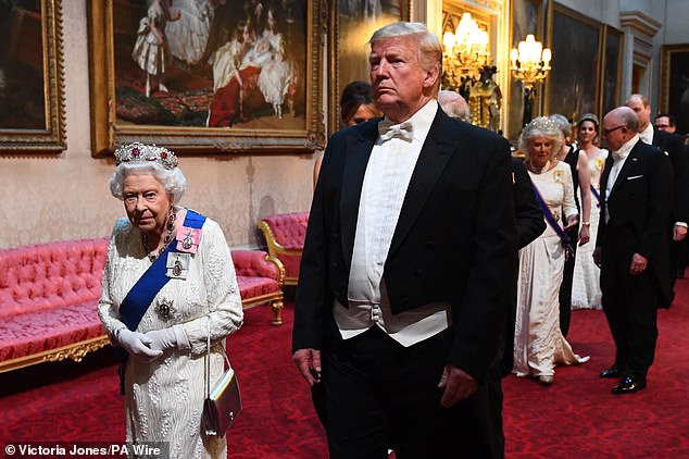 During his first spell in the White House, Mr Trump visited both Windsor Castle and Buckingham Palace to meet Queen Elizabeth II (2019 visit pictured)