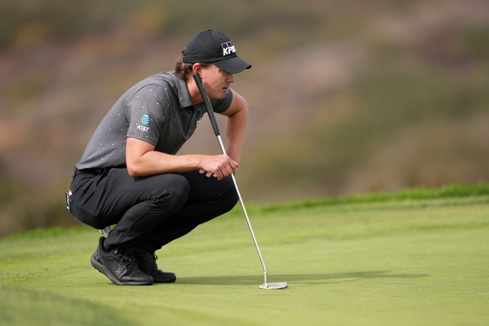 LA JOLLA, CALIFORNIA - FEBRUARY 16: Maverick McNealy of the United States lines up a putt on the 13th green during the final round of The Genesis Invitational 2025 at Torrey Pines Golf Course on February 16, 2025 in La Jolla, California. (Photo by Michael Owens/Getty Images)