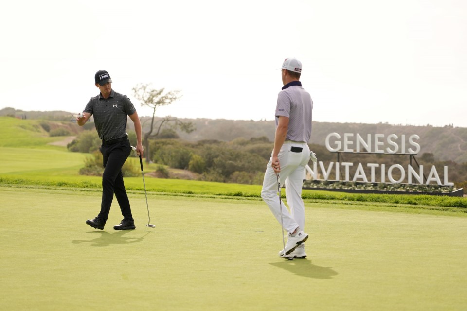 LA JOLLA, CALIFORNIA - FEBRUARY 16: Maverick McNealy of the United States reacts after making par on the 17th green during the final round of The Genesis Invitational 2025 at Torrey Pines Golf Course on February 16, 2025 in La Jolla, California. (Photo by Michael Owens/Getty Images)