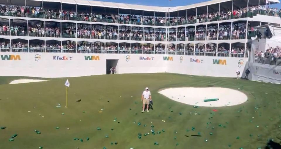 The green on the 16th was showered with beer cups from fans