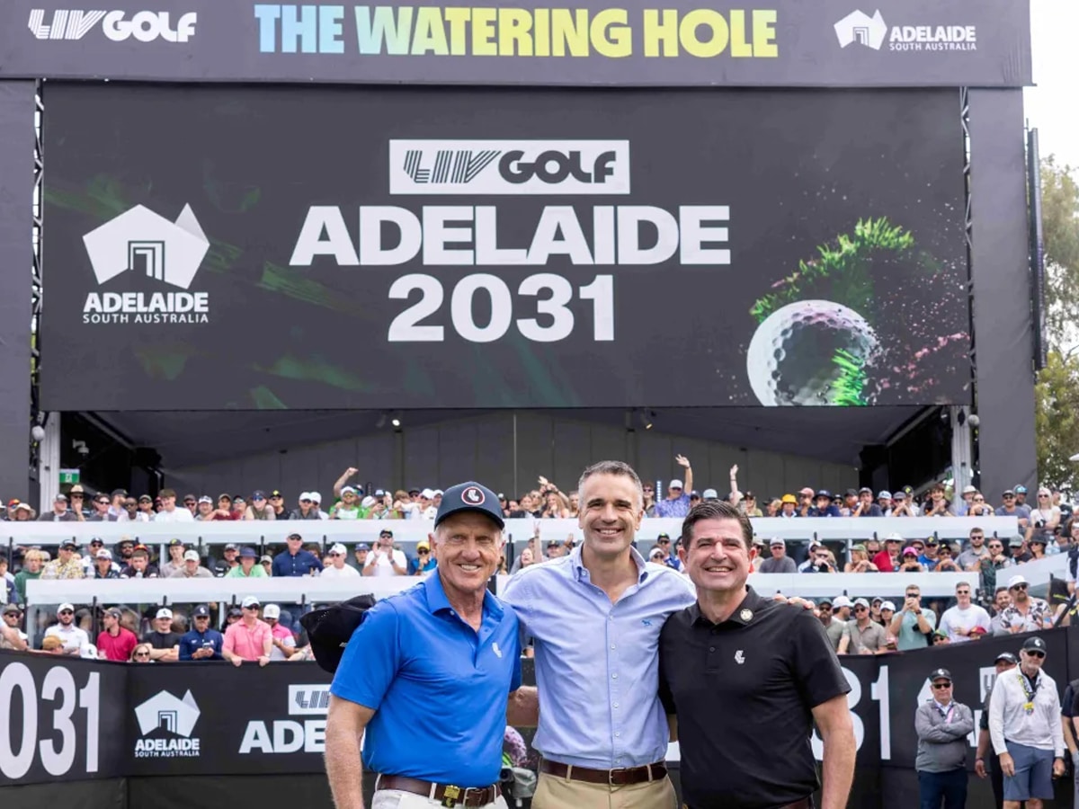 South Australia premier Peter Malinauskas, LIV Golf CEO Scott O’Neil, and LIV Golf board member and Australian golf legend Greg Norman confirmed new LIV Golf extension | Image: LIV Golf