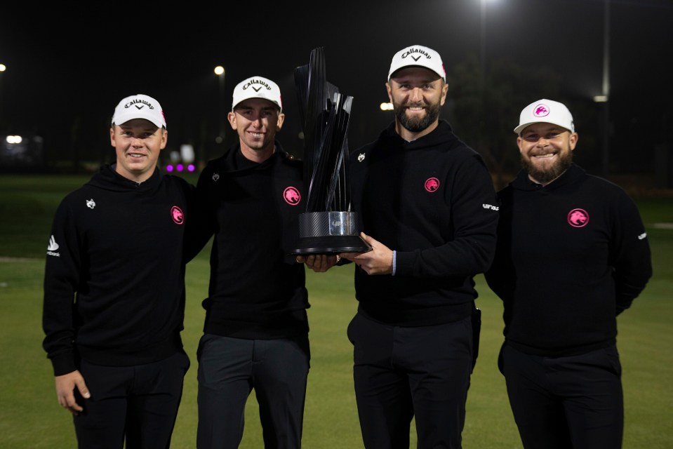First place team champions Caleb Surratt of Legion XIII, Tom McKibbin of Legion XIII, Captain Jon Rahm of Legion XIII and Tyrrell Hatton of Legion XIII pose with the trophy on the 18th green after the final round of the LIV Golf tournament at Riyadh Golf Club, Saturday, Feb. 8, 2025 in Riyadh, Saudi Arabia. (Photo by Montana Pritchard/LIV Golf via AP)