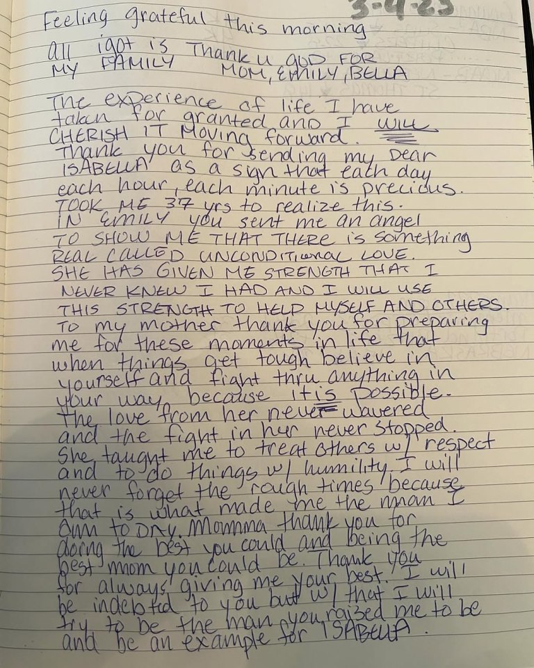 Handwritten journal entry expressing gratitude.