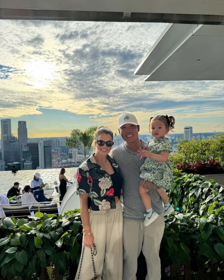 Family photo overlooking a city skyline.