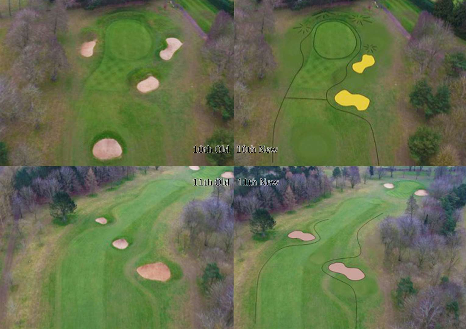 The 10th and 11th holes at Bury St Edmunds Golf Club before (left) and as they will look after remodelling Picture: Dan Cole