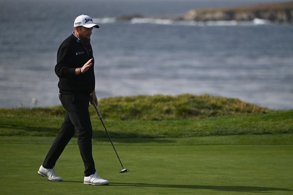 Shane Lowry gestures while walking on the fourth green at Pebble Beach Golf Links during the final round of the AT&T Pebble Beach Pro-Am golf tournament, Sunday, Feb. 2, 2025, in Pebble Beach, Calif. (AP Photo/Nic Coury)