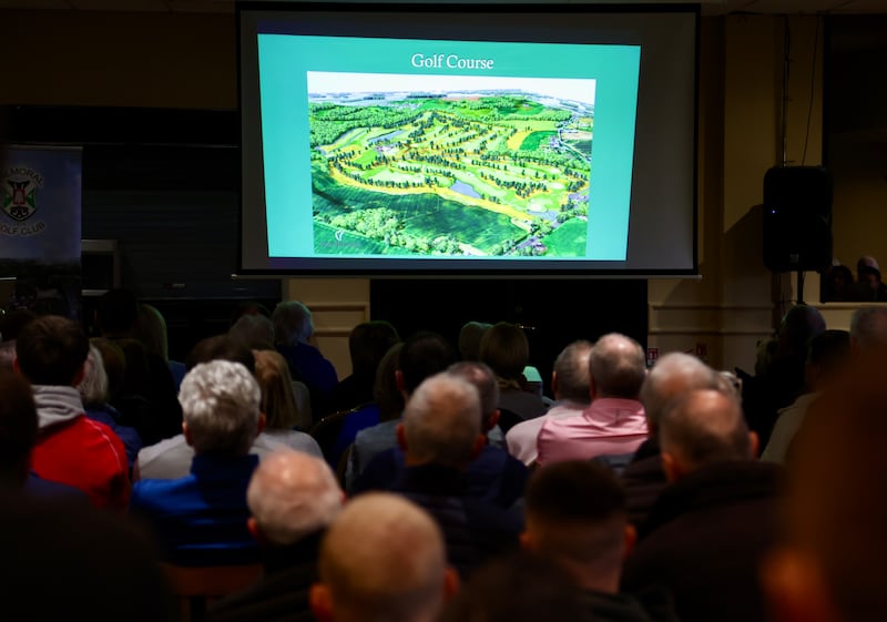 Paul McGinley speaks to members at Balmoral Golf Club on Saturday to present his design for a new course. PICTURE COLM LENAGHAN