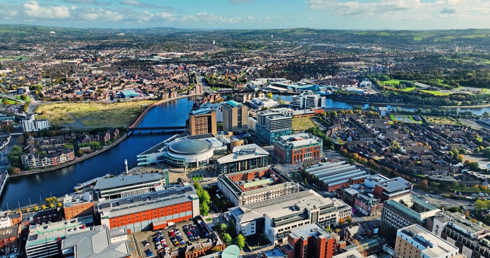 Aerial view of Belfast cityscape, Northern Ireland.