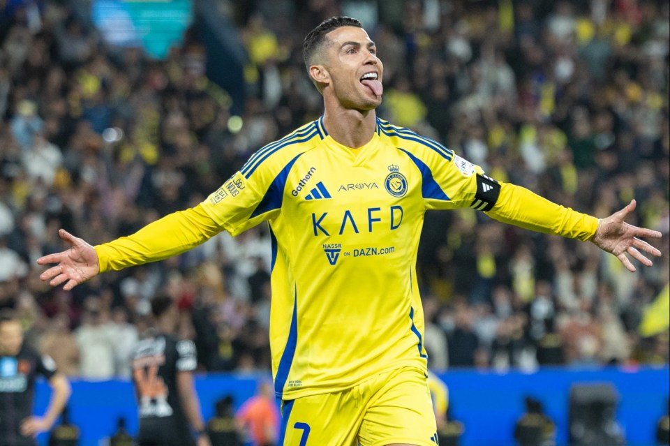 RIYADH, SAUDI ARABIA - FEBRUARY 7: Cristiano Ronaldo  of Al-Nassr FC celebrates scoring their third goal during the Saudi Pro League match between Al-Nassr and Al-Fayha at Al Awwal Park on February 7, 2025 in Riyadh, Saudi Arabia. (Photo by Abdullah Ahmed/Getty Images)