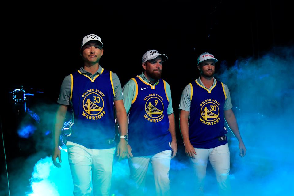 Min Woo Lee, Shane Lowry and Wyndham Clark of The Bay Golf Club repped the Warriors in their match against Jupiter Links. (Cliff Hawkins/TGL/TGL Golf via Getty Images)