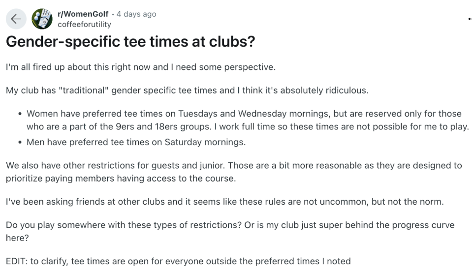 A poster on the Reddit forum, r/WomenGolf, has queried the different options for men and women's golfers.