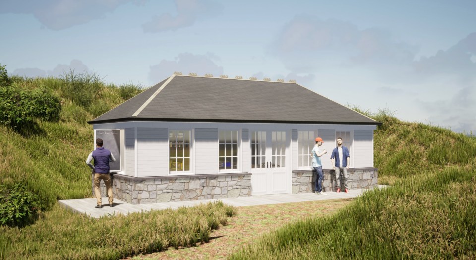 Illustration of a halfway house at a golf resort.