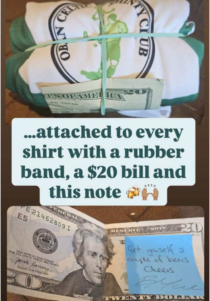 Shirt with a $20 bill and a note saying "Get yourself a couple of beers. Cheers."