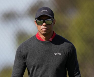 Tournament host Tiger Woods arrives at Genesis Invitational Sunday with Kai Trump in tow