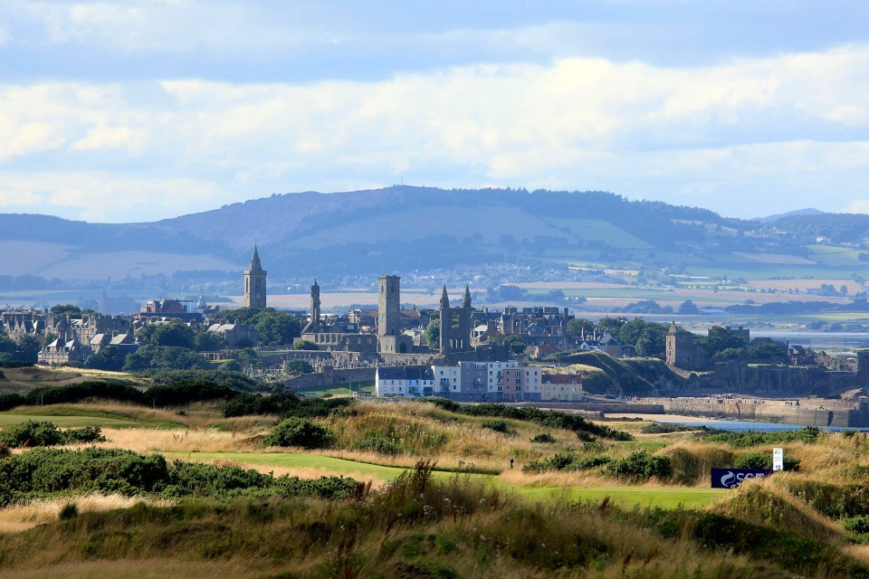 View of St Andrews, Scotland, with the town and golf course visible.