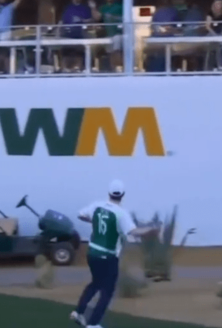 Golfer running past a WM logo.