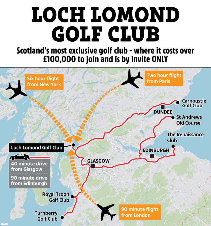 Illustration of map showing location of Loch Lomond Golf Club and travel times from various locations.