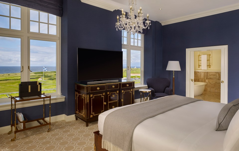 Ocean view from a hotel room with a large bed.