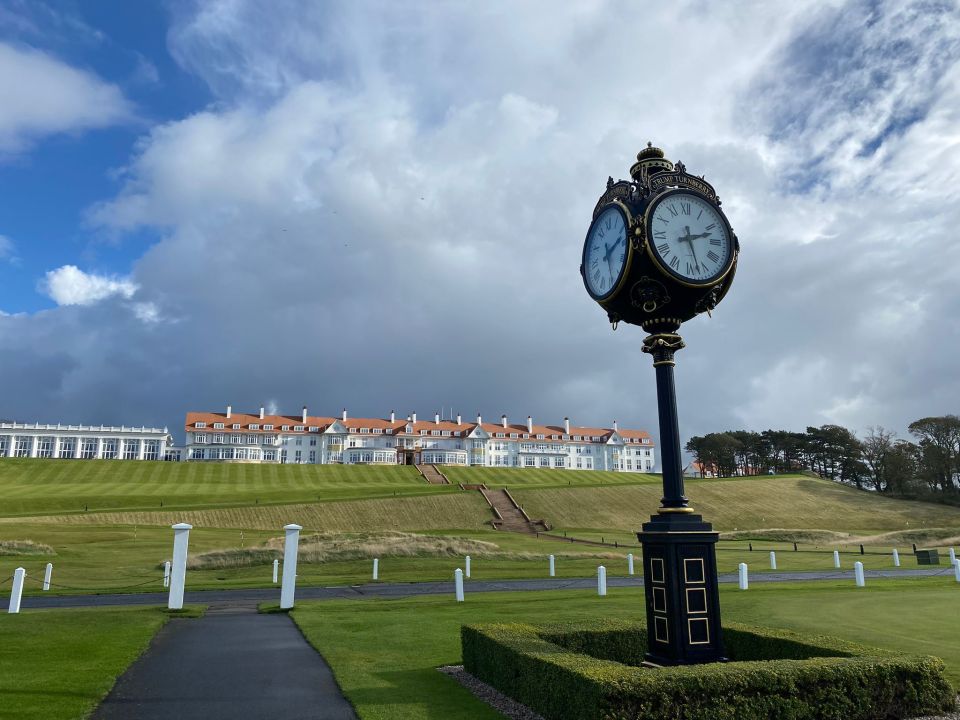 Trump Turnberry golf course with clock in the foreground.