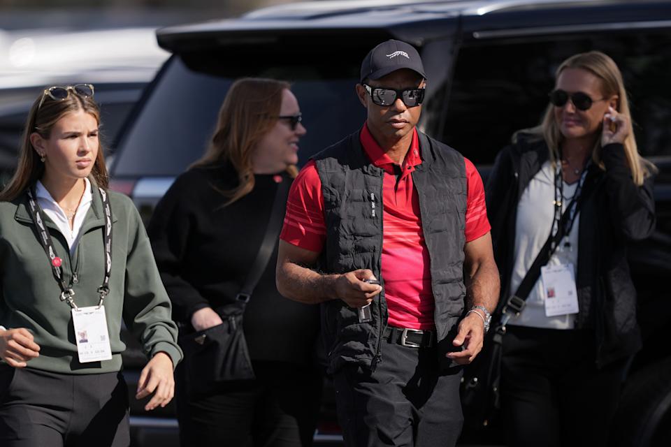 Tiger Woods arrives to The Genesis Invitational with Kai and Vanessa Trump