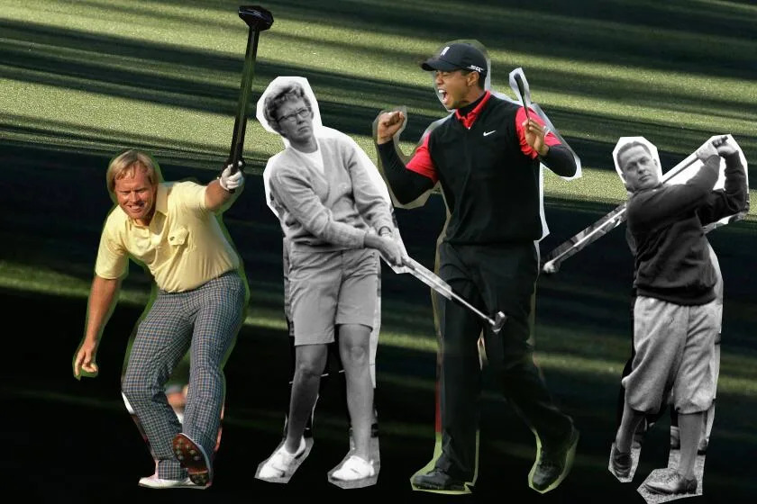 From left to right, Jack Nicklaus watches his putt drop for a birdie on the 17th hole at Augusta National in Augusta, Ga in 1986. the gallery follows Mickey Wright's iron shot from the fairway at the Toronto Golf Club in 1967. Tiger Woods and the gallery celebrate his birdie on the 11th hole of the South Course at Torrey Pines during the final round of the Buick Invitational golf tournament in San Diego in 2008. Retired amateur golfer Bobby Jones is shown driving on the new Bobby Jones Municipal Golf Course, named in his honor, in Atlanta, Ga., Dec. 30, 1934. (AP Photo/Phil Sandlin; AP Photo; AP Photo/Chris Park; AP Photo)