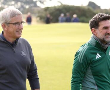 PGA Tour commissioner Jay Monahan and LIV Golf chairman Yasir Al-Rumayyan play together at last year's Alfred Dunhill Links Championship