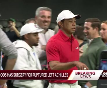 Tiger Woods says he ruptured his Achilles tendon, an injury likely to keep him out of the Masters