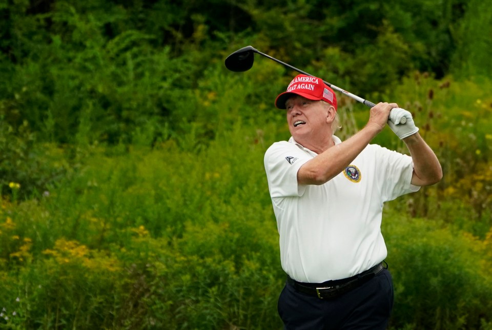 TOPSHOT - Former US President and 2024 Presidential hopeful Donald Trump plays golf during the Official Pro-Am Tournament ahead of the LIV Golf Invitational Series event at Trump National Golf Club Bedminster in Bedminster, New Jersey, on August 10, 2023. The LIV Golf Invitational Bedminster begins on August 11. (Photo by TIMOTHY A. CLARY / AFP) (Photo by TIMOTHY A. CLARY/AFP via Getty Images)