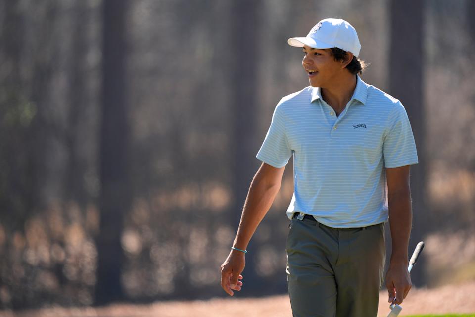 Mar 19, 2025; Graniteville, South Carolina, USA; Charlie Woods reacts to his putt on No. one green during the first round of the Junior Invitational at Sage Valley Golf Club. Woods is the son of golf legend Tiger Woods and finished at +6. Mandatory Credit: Katie Goodale - Augusta Chronicle/USA TODAY NETWORK