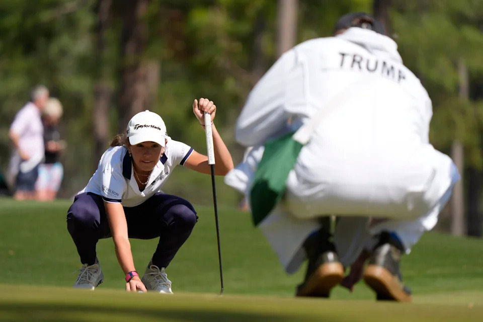 Mar 22, 2025; Graniteville, South Carolina, USA; Kai Trump lines up a putt on No. 18 during the final round of the Junior Invitational at Sage Valley Golf Club. Mandatory Credit: Katie Goodale - Augusta Chronicle/USA TODAY NETWORK