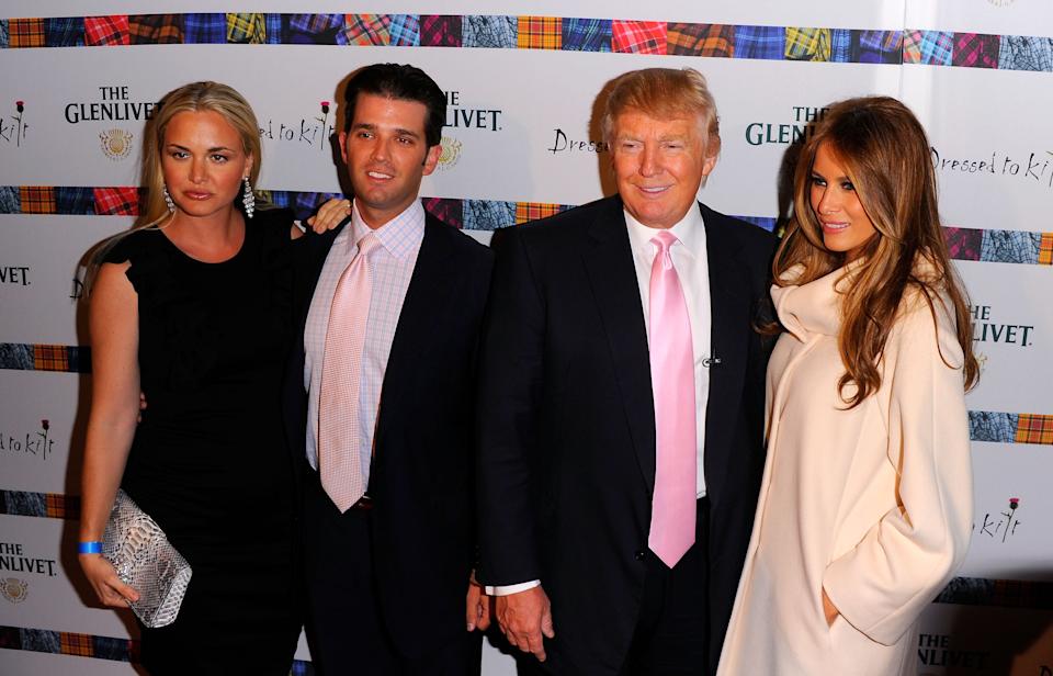 Vanessa Trump, Donald Trump Jr., Donald Trump and Melania Trump attend the 9th Annual "Dressed To Kilt" charity fashion show at Hammerstein Ballroom on April 5, 2011