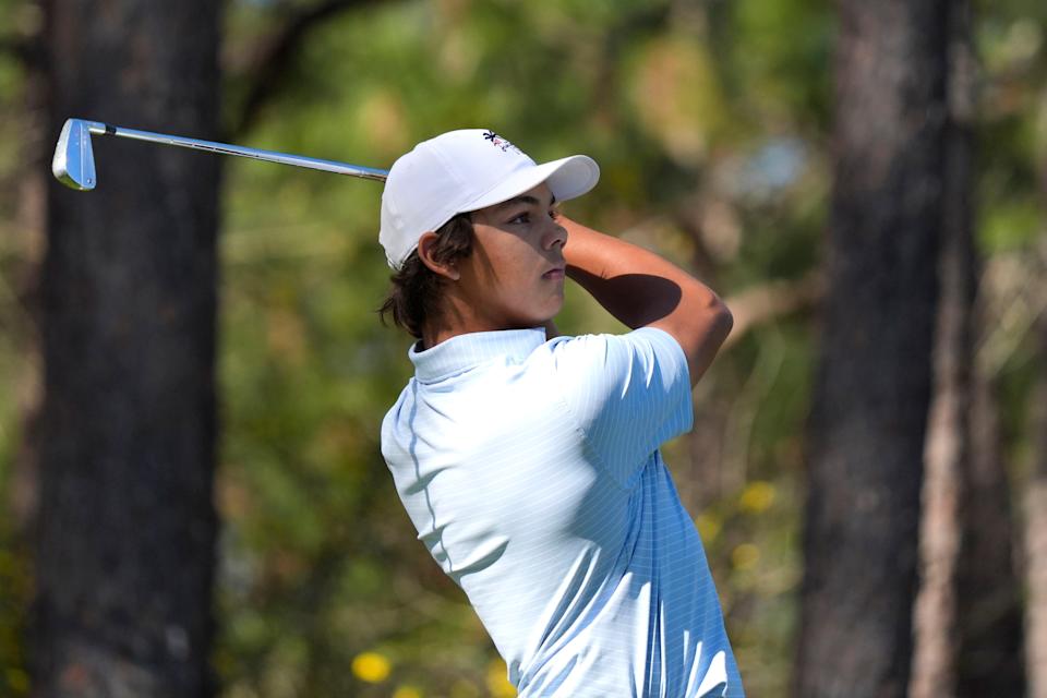 Mar 19, 2025; Graniteville, South Carolina, USA; Charlie Woods tees off No. two during the first round of the Junior Invitational at Sage Valley Golf Club. Woods is the son of golf legend Tiger Woods and finished at +6. Mandatory Credit: Katie Goodale - Augusta Chronicle/USA TODAY NETWORK
