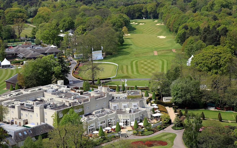 The par four, first hole with the clubhouse in the foreground on the West Course at the Wentworth Club