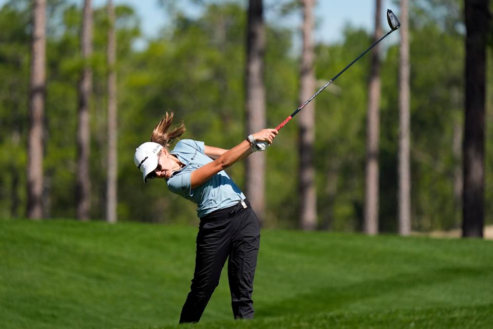 Mar 19, 2025; Graniteville, South Carolina, USA; Kai Trump tees off No. four during the first round of the Junior Invitational at Sage Valley Golf Club. Trump is the granddaughter of President Donald Trump. She finished at +17. Mandatory Credit: Katie Goodale - Augusta Chronicle/USA TODAY NETWORK