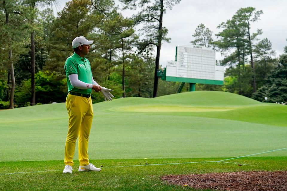 Sergio Garcia looks over his shot back onto the No. 1 fairway during the first round of the 2024 Masters Tournament.
