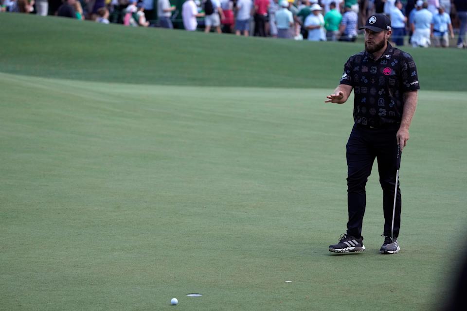 Tyrrell Hatton reacts after a putt on the sixth green during the first round of the 2024 Masters Tournament.