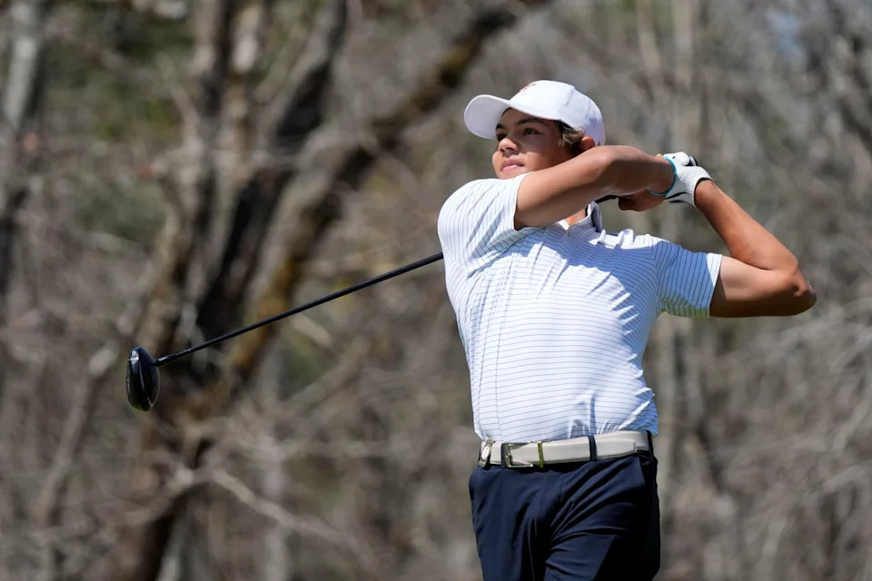 Mar 22, 2025; Graniteville, South Carolina, USA; Charlie Woods tees off No. 11 during the final round of the Junior Invitational at Sage Valley Golf Club. Mandatory Credit: Katie Goodale - Augusta Chronicle/USA TODAY NETWORK