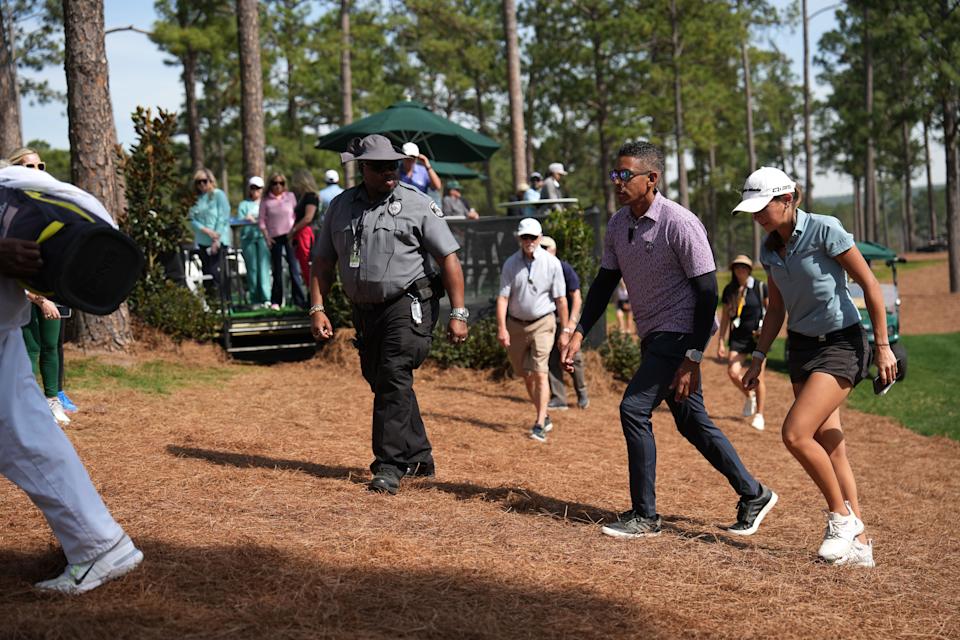 Mar 19, 2025; Graniteville, South Carolina, USA; Kai Trump walks off No. 18 green after finishing the first round of the Junior Invitational at Sage Valley Golf Club. Trump is the granddaughter of President Donald Trump. She finished at +17. Mandatory Credit: Katie Goodale - Augusta Chronicle/USA TODAY NETWORK