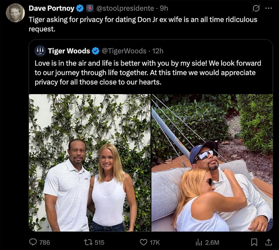 “Tiger asking for privacy for dating Don Jr ex wife is an all time ridiculous request,” he wrote on X. stoolpresidente/X