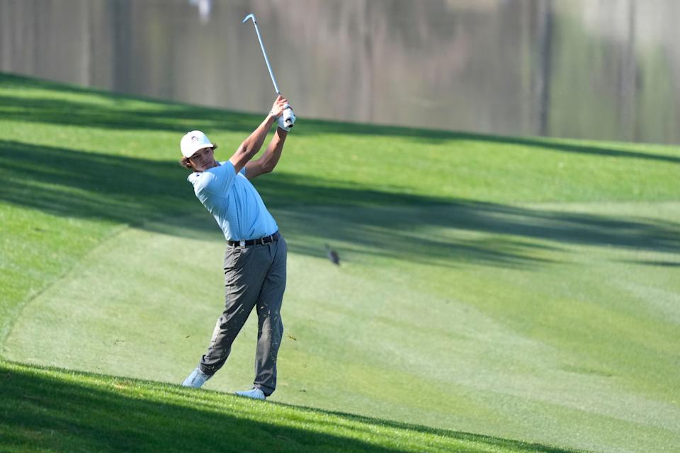 Mar 19, 2025; Graniteville, South Carolina, USA; Charlie Woods hits on No. three fairway during the first round of the Junior Invitational at Sage Valley Golf Club. Woods is the son of golf legend Tiger Woods and finished at +6. Mandatory Credit: Katie Goodale - Augusta Chronicle/USA TODAY NETWORK