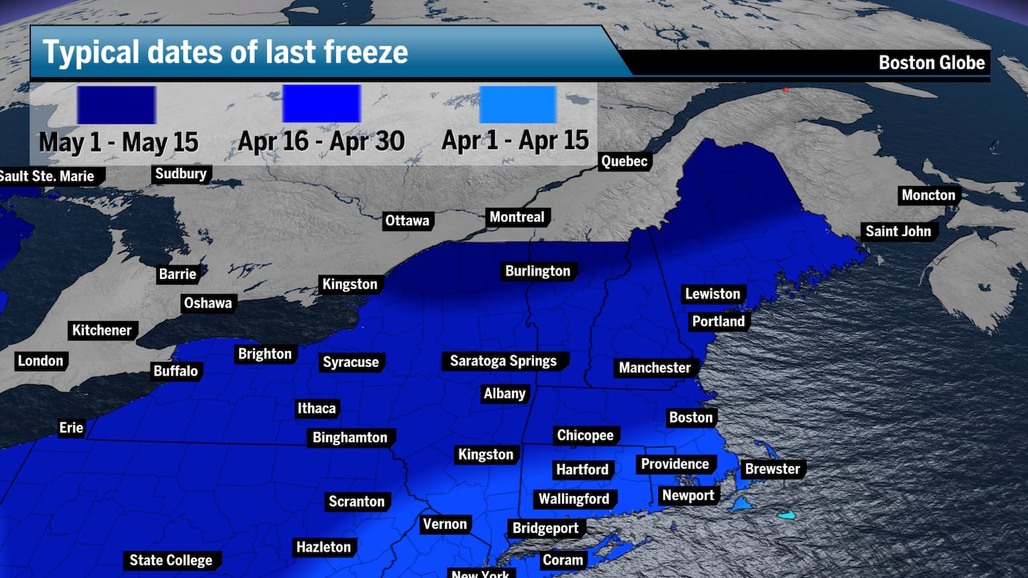 The typical dates of last freeze across the Northeast.