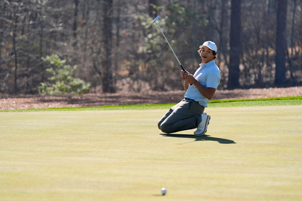 Mar 19, 2025; Graniteville, South Carolina, USA; Charlie Woods reacts to his putt on No. one green during the first round of the Junior Invitational at Sage Valley Golf Club. Woods is the son of golf legend Tiger Woods and finished at +6. Mandatory Credit: Katie Goodale - Augusta Chronicle/USA TODAY NETWORK