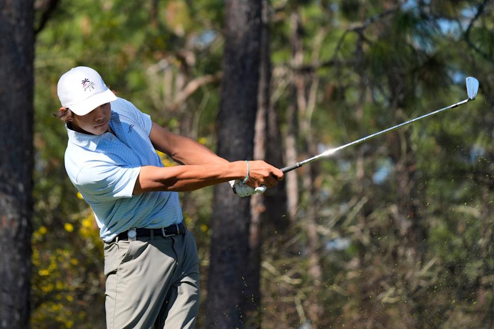 Mar 19, 2025; Graniteville, South Carolina, USA; Charlie Woods tees off No. two during the first round of the Junior Invitational at Sage Valley Golf Club. Woods is the son of golf legend Tiger Woods and finished at +6. Mandatory Credit: Katie Goodale - Augusta Chronicle/USA TODAY NETWORK