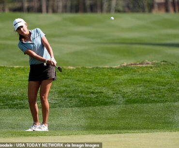 Kai Trump chips onto the 18th green at the end of her difficult first round in South Carolina